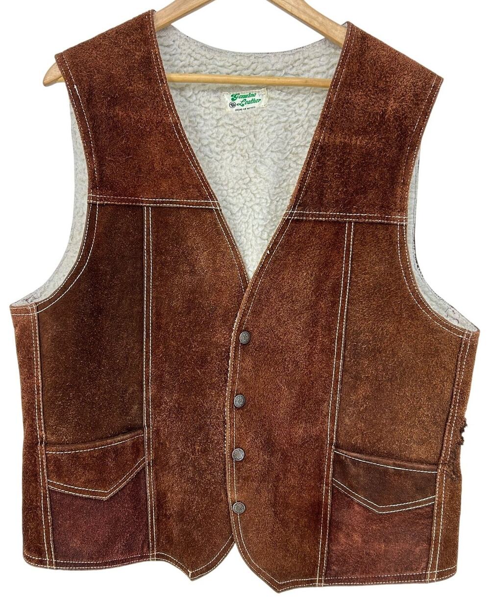 Vintage Mens Genuine Suede Sherpa Lined Snap Front Ranch Chore Vest Size M L